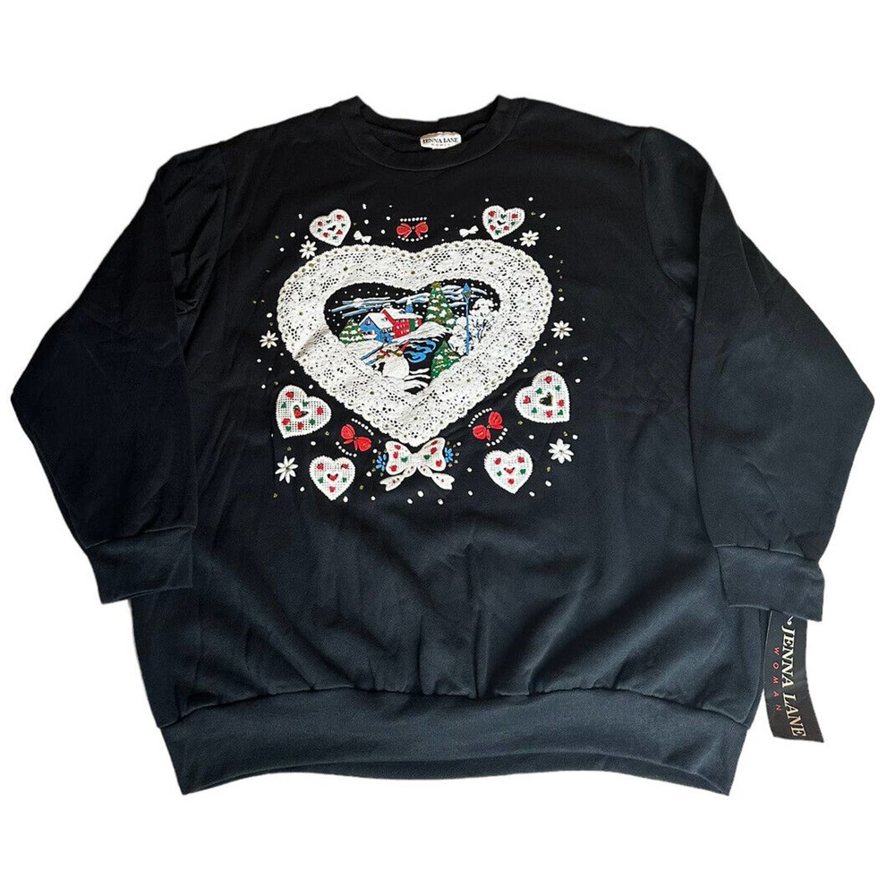 NEW Vintage 90s Jenna Lane Woman Black Winter Christmas Sweatshirt Size 24